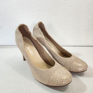 CHANEL Cap Toe Pumps Beige Canvas Snakeskin Leather EU 39.5 US 8.5